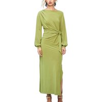 Custom Logo High Waist Elegant Casual O-neck Plain Long Sleeve Dresses Women Evening Side Slit Party Lady Dress