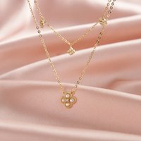 RINNTIN GPN80 5A Cubic Zirconia Necklace 925 Sterling Silver Double Chain Necklace Four Leave Clover Freshwater Pearl Necklace