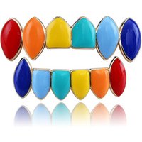 Hip Hop Rainbow Fangs Teeth Grillz Top&Bottom Gold Silver Grills Dental Halloween Vampire Teeth Grillz Set Gifts