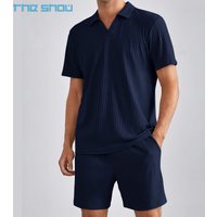 Men Outfit Two Piece Shorts Casual Breathable Textured Knitted Fabric Men's Polo Shirts 2 Piece Pants Tshirt Men's Sets
