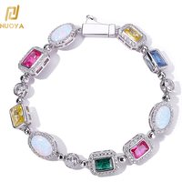 NUOYA Sparkly Geometric Gemstone Chain Women's Jewelry White Gold Plated Brass With Opal Colorful Zircon Link Chain Bracelet