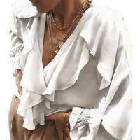 Ruffled V Neck Flared Sleeve Blouse