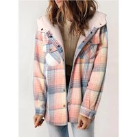 Women's Long-Sleeved Plaid Jacket With Furry Hood and Side Pockets Winter Sports Jacket for Women Coat