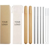 2019 Amazon hot selling Reusable Stainless Steel Straws set 304 Metal Drinking Straw with Bamboo wooden case