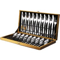 Luxury 24pcs Silver Stainless Steel Cutlery Set in Gold Suitcase Gift Box Mirror Polished Flatware for Wedding