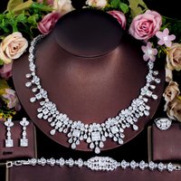 4pcs Big Dubai Cubic Zirconia Flower Fringed Expensive Luxury Chunky Wedding Bridal Necklace Jewelry Sets for Women Jewellery