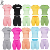 Embroidery Custom Logo Women Clothing Lounge Sets Cotton Ribbed Outfits 2 Piece Outfits Loungewear Short Sleeve With Shorts Sets