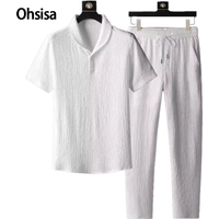 Summer Men Casual Knitted 2-Piece Suits Short Sleeve Tops + Long Pants Solid Color Polo Lapel Collar Button Elastic Waist