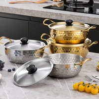 Korean Double Handle Gold Silver Instant Stainless Steel Instant Noodle Small Boiling Soup Pot for Induction Cooking with Lid