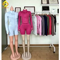 2026 Women Zipper Solid Turtleneck Long Sleeve Jacket and Skinny Straight Shorts Yoga Leggings 2 Pieces for Women
