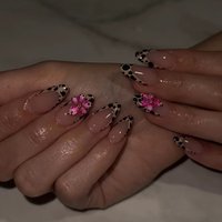 Soft Gel 24 Pcs French Leopard Print Short Almond Shape 3D Flower Press on Nails Artificial Fingernails Customize 3567