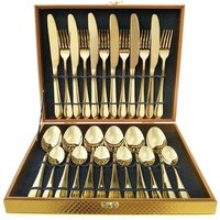 24 Pcs Golden Cutlery Dishes Dinnerware Table Sets Tableware Stainless Steel Gold Flatware Fork Spoon Knife Set