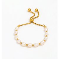 Adjustable 18K PVD Gold Plated Real Fresh Water Pearl Bracelet Stylish Geometric Stainless Steel Gift