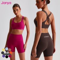 Janya Women's Solid Color Cross Back Sports Bra and High Waist Gym Fitness Shorts 2 Piece Sets Quick Dry Yoga Set for Adults