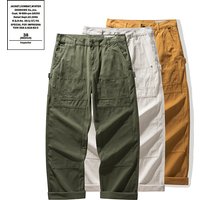 Men's White Canvas Cargo Pants Multi-Pocket Straight Leg Workwear Flat Front Mid Midweight Outdoor Casual Streetwear Wholesale
