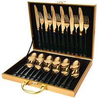 24PCS Luxury Hotel Restaurant Kitchen Black Gold Silver Plated Stainless Steel Flatware Cutlery Set