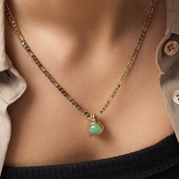 Simple Green Natural Stone Necklace Bracelet Earring Set Figaro Chain 14K Gold-plated