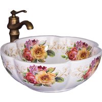 European Vintage Style Art Wash Basin Peony Pattern Flower Shape Ceramic Counter Top with Drainer Cloakroom Bathroom Sinks