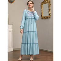 10% S-3XL Arabian Robe Light Blue Embroidered Ethnic Multi-layer Pleated Stitching Tassel Four Seasons Long Skirt