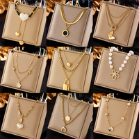 18 Models Women Two Layer Stainless Steel Green Stone Necklace Moon Star Butterfly Heart Lock 18k Gold Three Layer Necklace