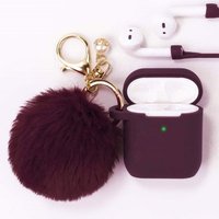 Best Sale Burgundy Cute Fur Ball Keychain Silicone Case Cover for Apple Airpod