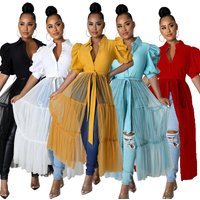 New Summer Women Dresses Elegant Mesh Short Sleeve High Waist Single Breasted Shirt Style Long Midi Dress