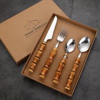 Natural Wooden Handle Spoon Fork Knife Flatware Set Gift Box 304 Stainless Steel Cutlery with Bamboo Handle
