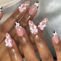 24 Pcs/set Soft Acrylic 3601 French Cow Print pink Sweet Bow Short Almond Nails with Bow Press on Nails Artificial Fingernails
