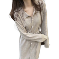Premium Autumn Winter Women's Midi Dresses Custom Logo Knee Length Loose Bottom Knit Gentle Style Casual Button Solid Natural