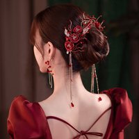 Bridal Hair Accessories Decoration Women Wedding Red Flower Crystal Bridal Hair Clip Earrings Set