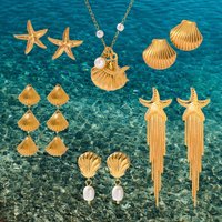 J&D Summer Beach Waterproof Stainless Steel 18K Gold Earrings Shell Starfish Tassel Pearl Stud Earrings
