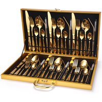 Luxury 42pcs Gold Plated Cutlery Set Stainless Steel Flatware Set with Reusable Metal Straws in Golden Suitcase Box