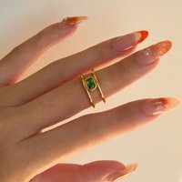 Dazan New HOT INS Trendy 18k PVD Gold Plated Stainless Steel Vintage Polished Square Green Zircon Tiny Double Lady Ring