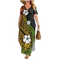 Polynesian Tribal 2025 Women's Spring Summer Boho Floral Print V-Neck Faux Wrap Maxi Dress for Wedding Guest Graduation Party