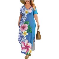 Blue Polynesian Floral Women's Plus Size Maxi Dress Short Sleeve V Neck Loose Plain Casual Fall Party Long Dress Pockets Sweet