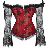 Women Long Sleeve Lace Overbust Corset Black Red Waist Bustiers Top Plus Size Korset Lingerie
