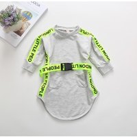 Baby Girl Gray Letter Dress With Neon Green Belt Fashion Toddler Girl Sport Dress Casual Outfit Kid Girl Clothes for Autumn