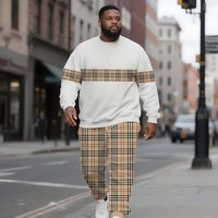 Men's Crew Neck Sweatshirt Set Plus Size British Plaid Stripe Design Clothing Manufacturer Wholesale