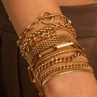 J&D Fashion Waterproof Stainless Steel 18K Gold Plated PVD Simple Link Chain Jewelry Bracelet Set Low Key Luxury