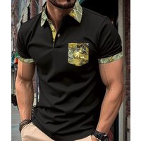 Men's Summer Casual for Polo Shirt with Chest Pocket Button Collar Printed Stripe Color Block Digital Golf T-Shirt