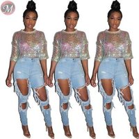 9073013 queenmoen newest fashion summer trendy club wear half sleeve sequin ladies crop top T shirt