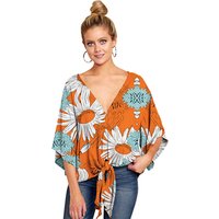 V Neck Flare Long Sleeve Chiffon Blouse