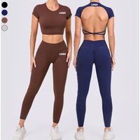 XW-71240+46324 Backless Short Crop Top Custom Sportswear High Waist Scrunch Butt Breathable Gym Leggings 2 Piece Workout Sets