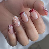24 Pcs/set Soft Acrylic 3745 Simple Spring Floral French Red Short square Nails Press on Nails Artificial Fingernails
