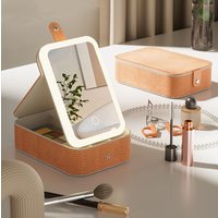 Luxurious Modern Vintage Crocodile Pattern Leather Portable Jewelry Box with Three-Color LED Light Makeup Mirror