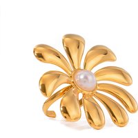 J&D Design Pearl/Sunflower Imitation Pearl Ring 18K PVD Gold Plated Stainless Steel Ring Bend Opening Ring
