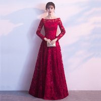 Boat Neck Long Sleeve Lace Appliquéd Evening Gown