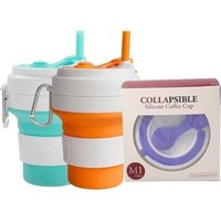 350ml silicone water drinking cup travel rubber silicone folding cup with straw
