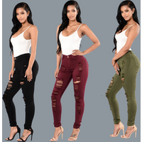 Women Skinny Ripper Hole Jeans Push Up Red Denim Jeans Pants Lady Slim Fit Long Pants Trousers 3xl plus size