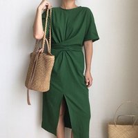 O Neck Short Sleeve Midi Slit Dress